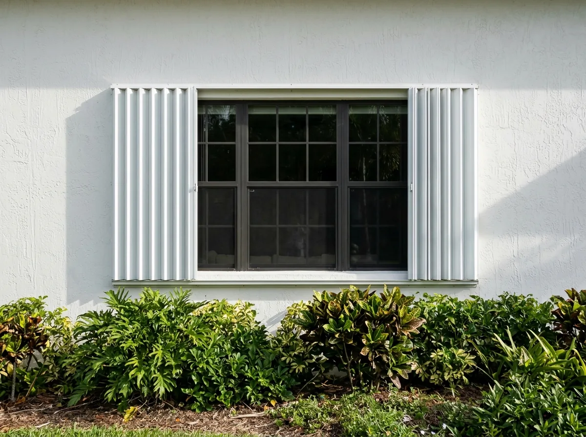 Accordion hurricane shutters folded open beside a large window on a stucco wall