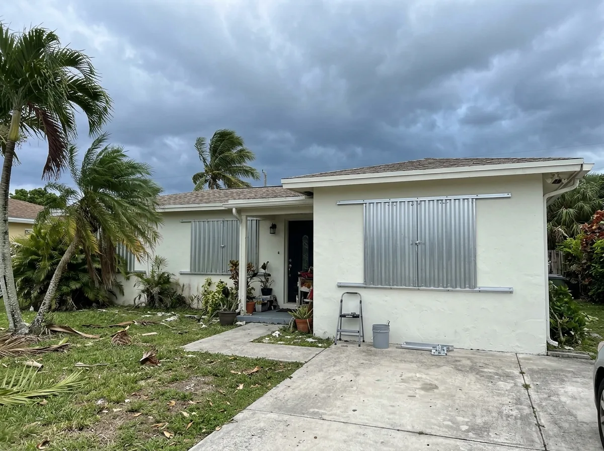 Corrugated aluminum storm panels bolted over the windows of a single-story stucco home