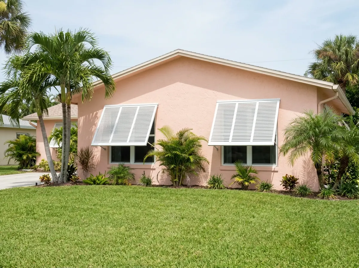 Bahama-style aluminum shutters propped open at an angle over windows of a coastal home
