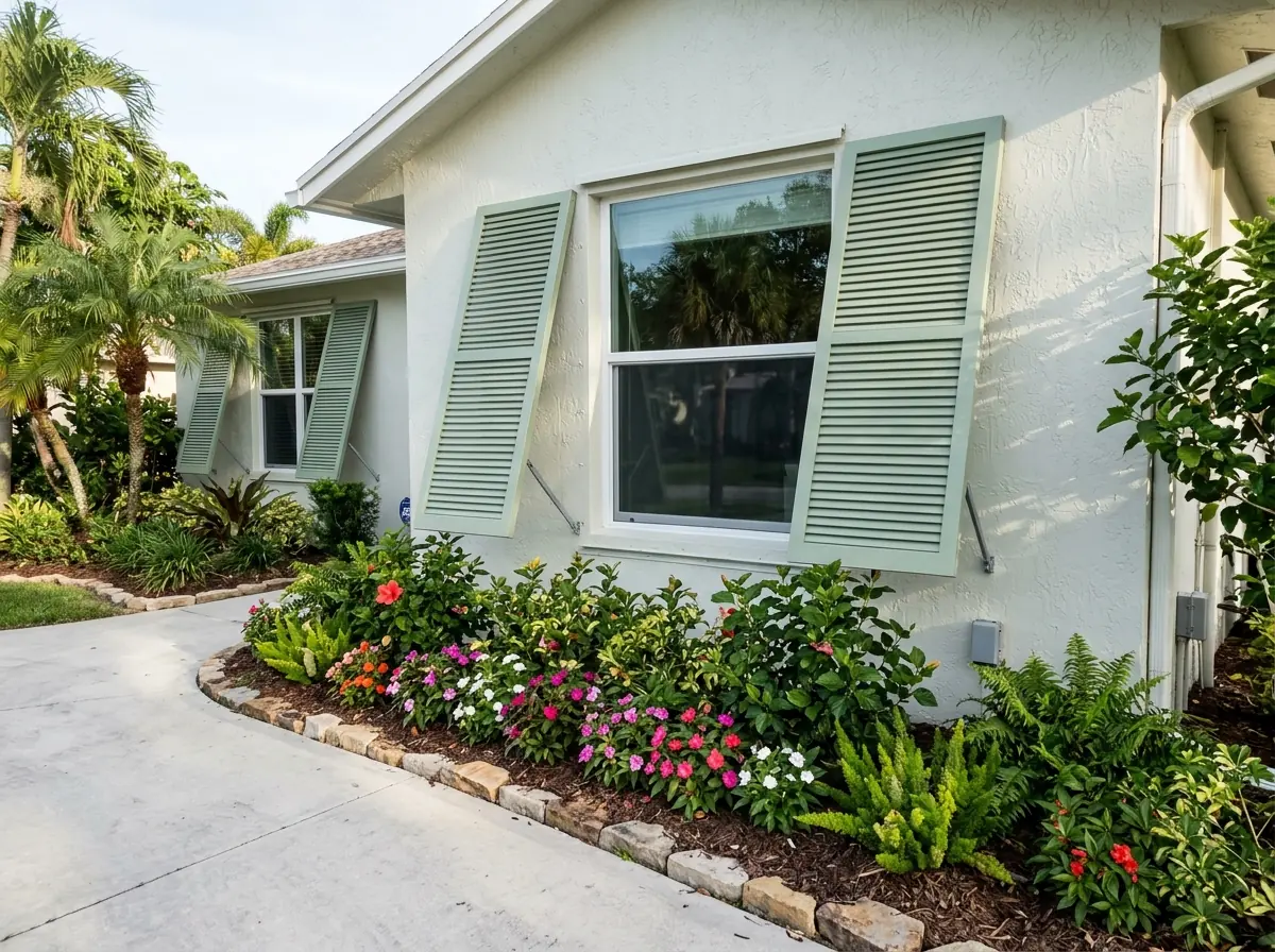 Pair of louvered colonial hurricane shutters hinged open on either side of a window