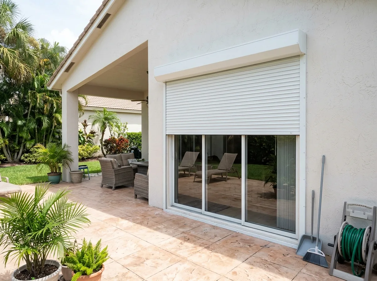 Motorized roll-down hurricane shutter half lowered over a patio sliding door