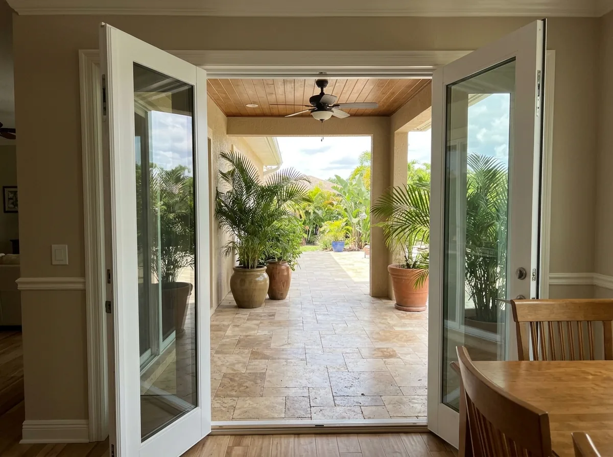 White glass French doors opening from a dining room to a covered patio