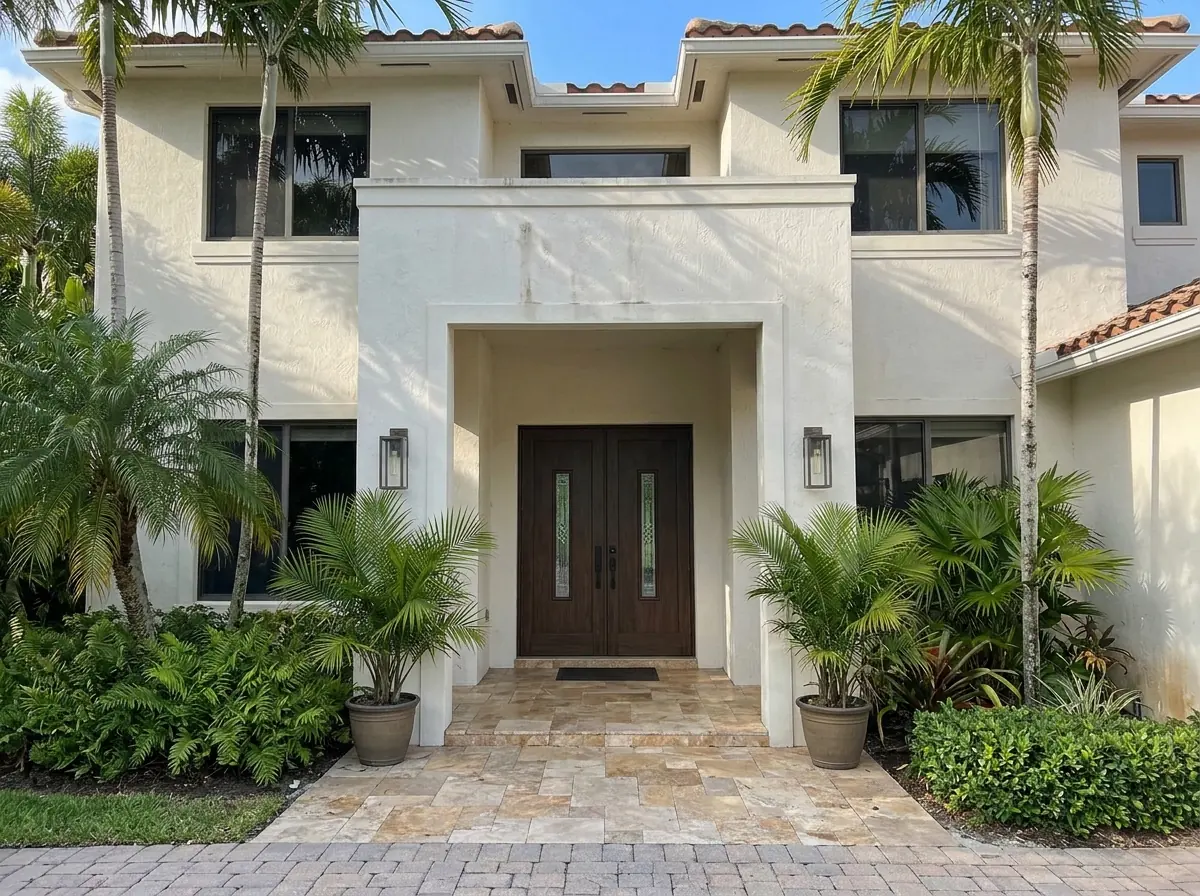 Pair of tall impact double front doors with narrow glass inserts on a two-story stucco home