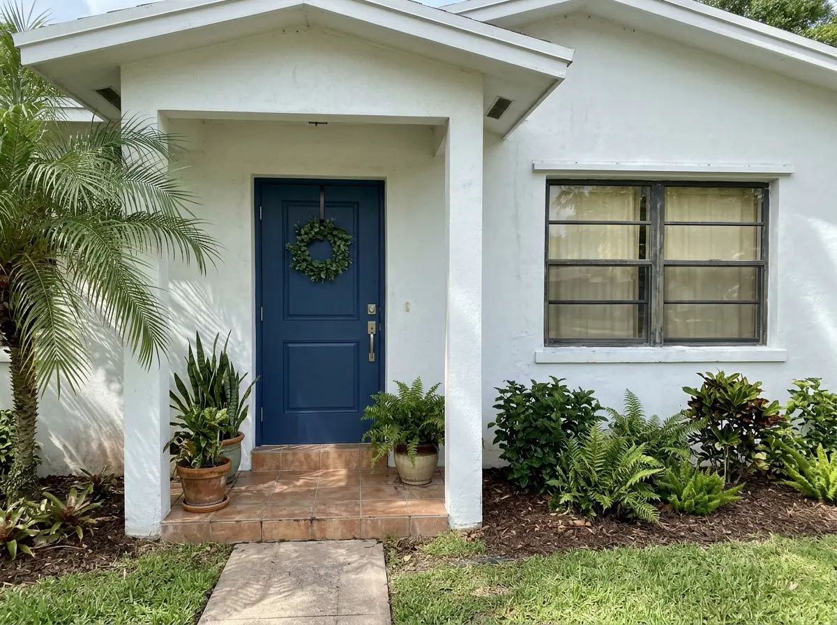 Single fiberglass impact front door in a deep blue finish set in a stucco entry