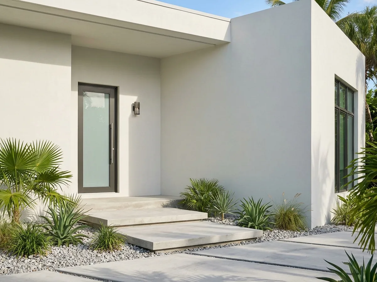 Modern aluminum front door with a full-height impact glass panel and a long pull handle
