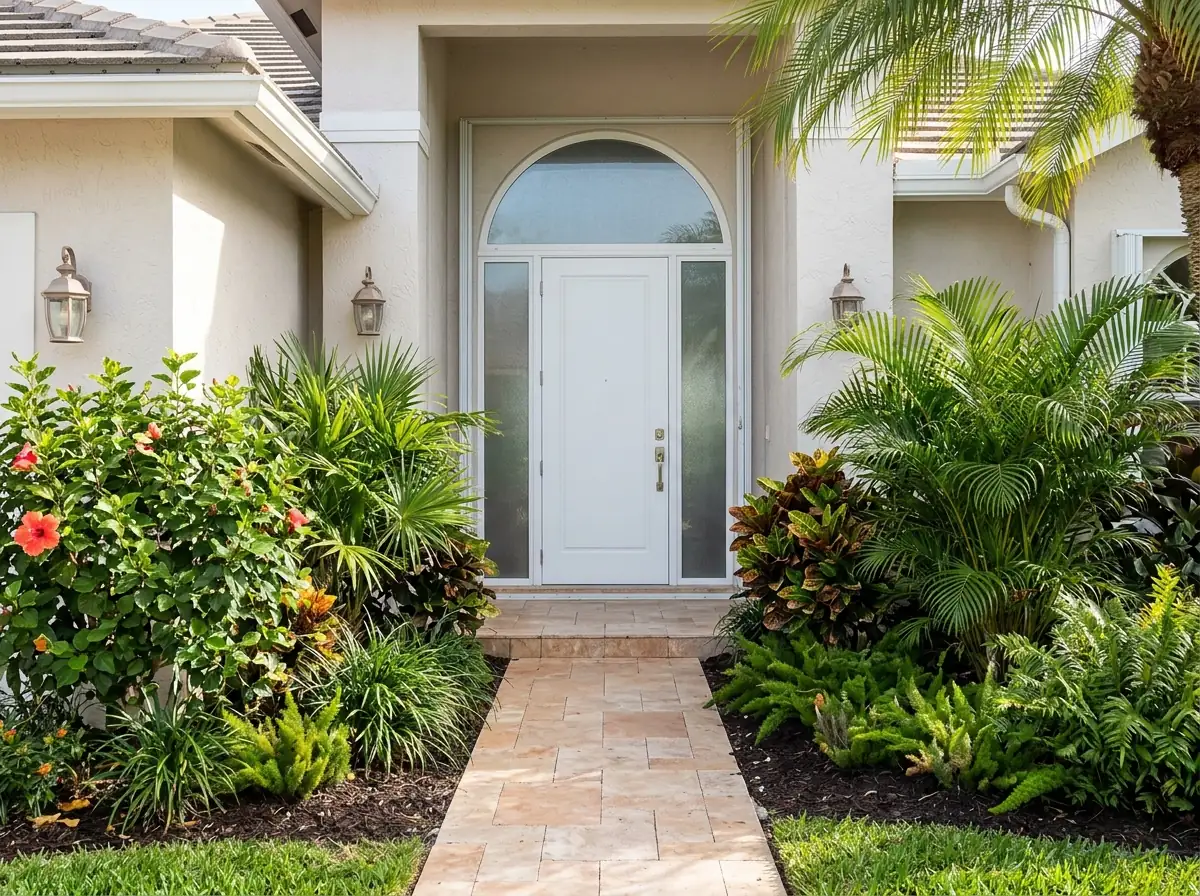Impact front door with frosted glass sidelights on both sides and an arched transom above