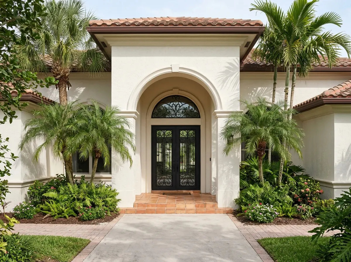 Wrought iron double entry door with scrollwork over glass on a Mediterranean-style stucco home