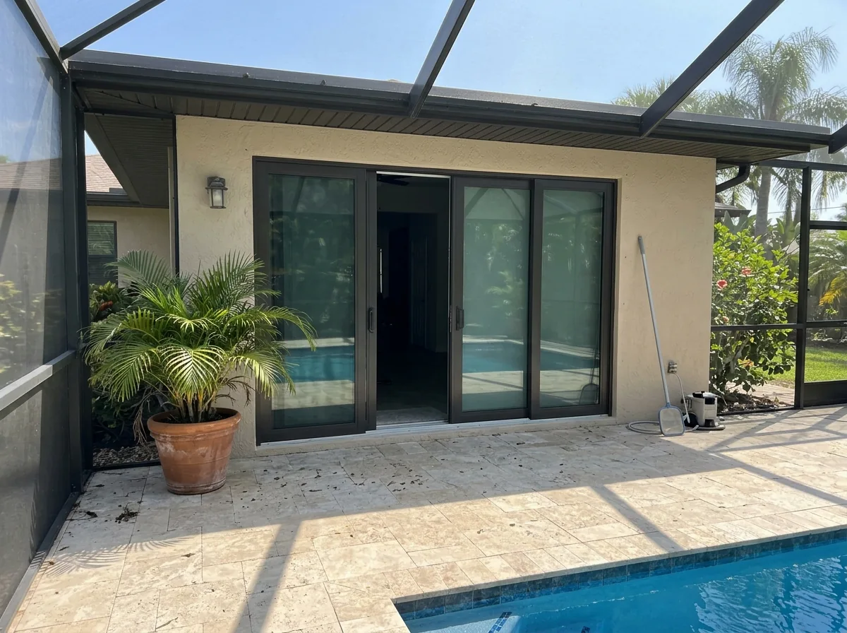 Four-panel bronze-framed sliding glass door opening onto a pool deck