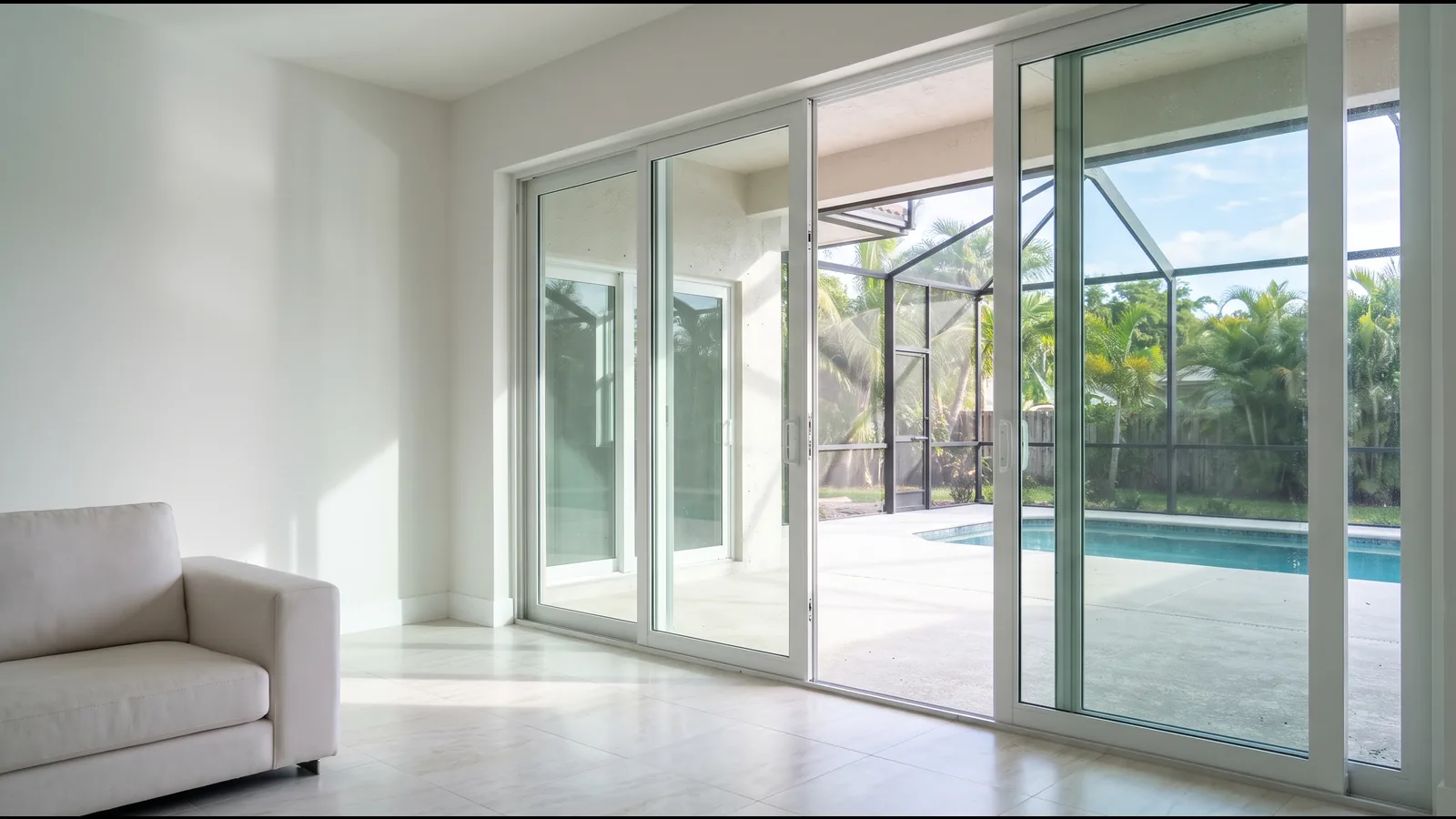 White-framed impact sliding glass doors opening from a bright living room to a pool patio