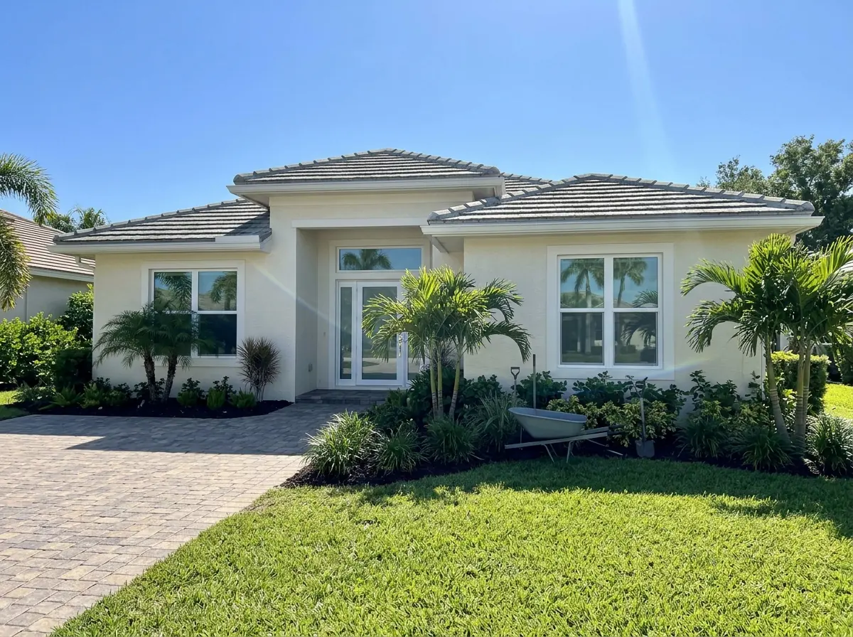 Front of a stucco home fitted with new white-framed impact windows