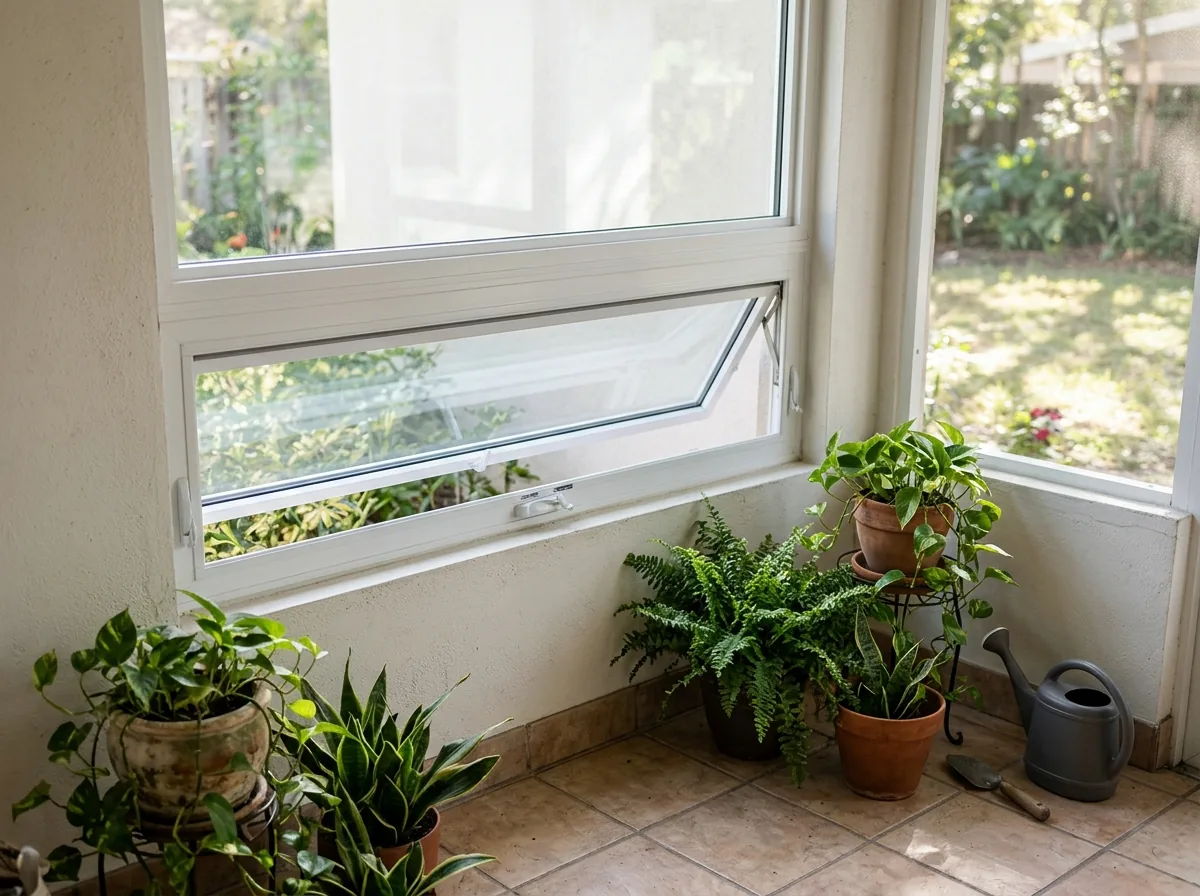 Fixed impact glass pane with a top-hinged awning window below it on a screened porch