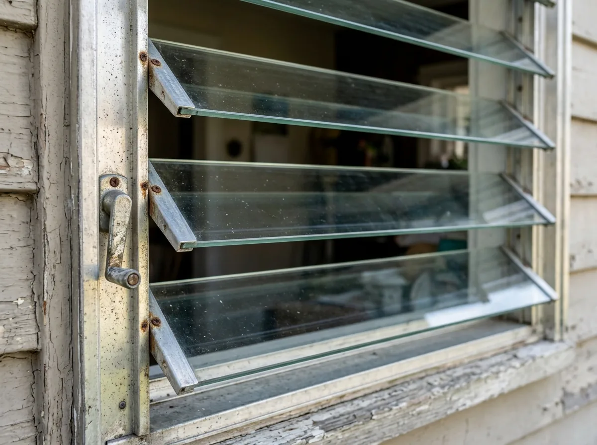 Close view of a jalousie window crank and aluminum louver clips on a porch wall
