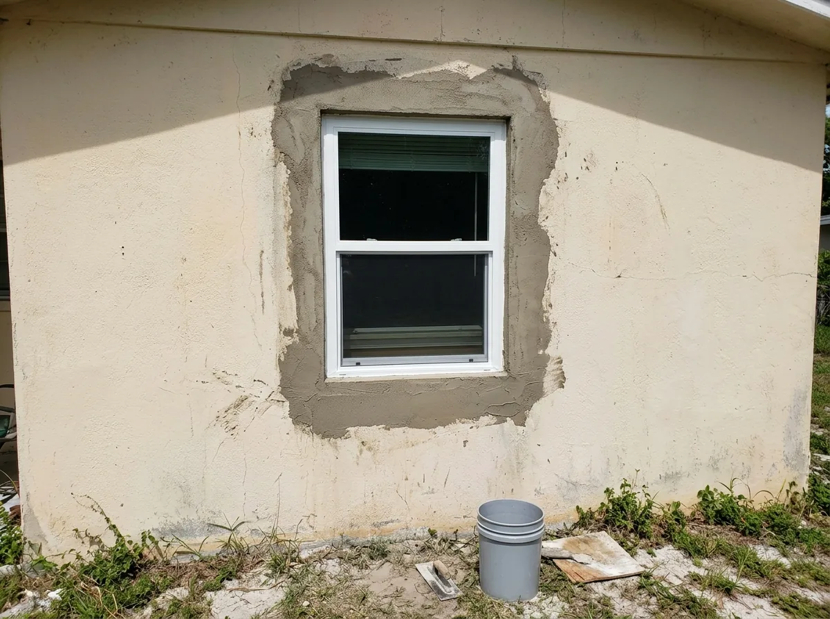 Bedroom wall where an old louvered window has been replaced by a white single-hung impact window