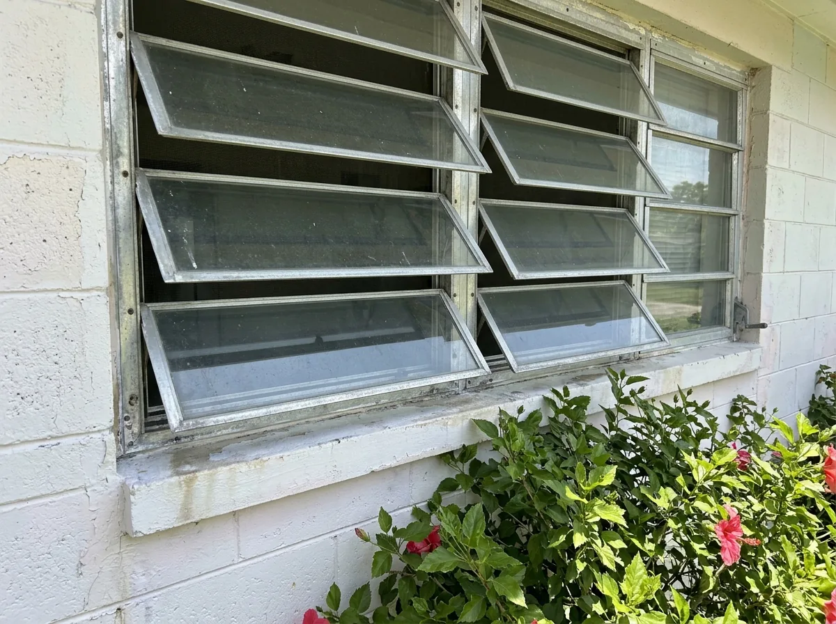 Old aluminum jalousie windows with glass louvers on a block-wall house