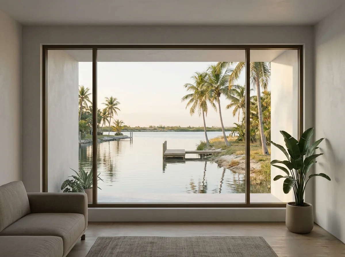Large fixed picture window framing a canal view from a living room