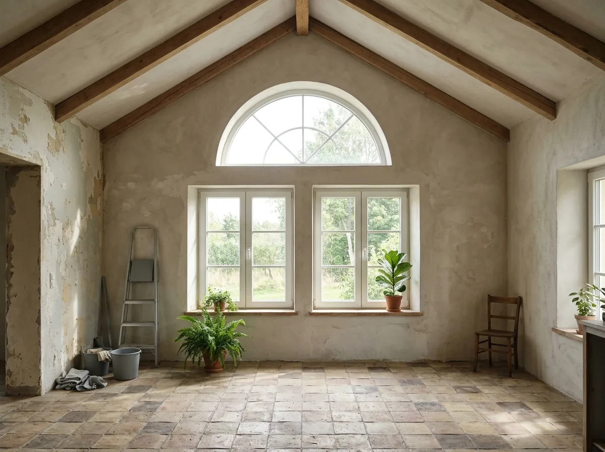 Half-round arched fixed window above a pair of rectangular windows in a vaulted room