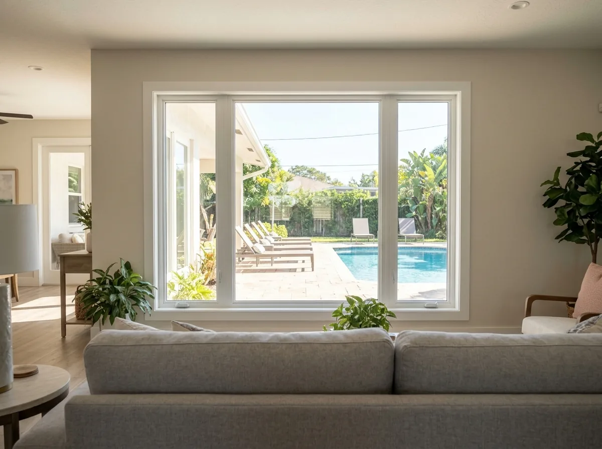 Large fixed impact picture window in a living room looking onto a pool deck