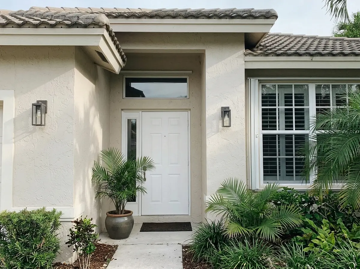 Rectangular fixed transom window above a white entry door on a stucco wall