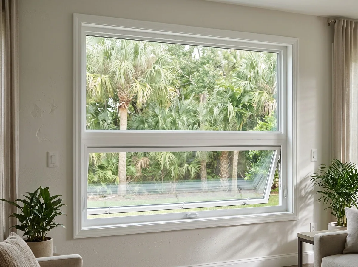 Wide picture window with a top-hinged awning window mulled below it in a family room