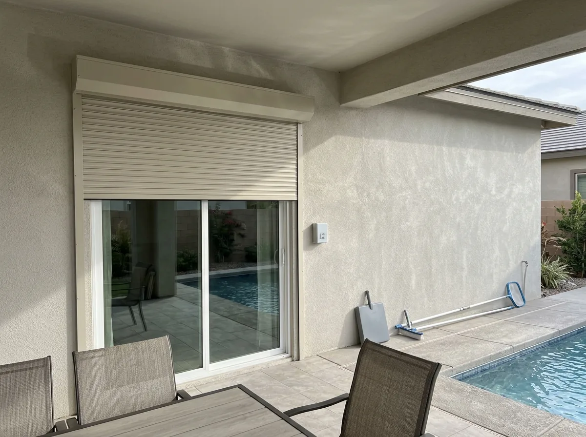 Battery-powered roll-down shutter with its head box above a sliding glass door