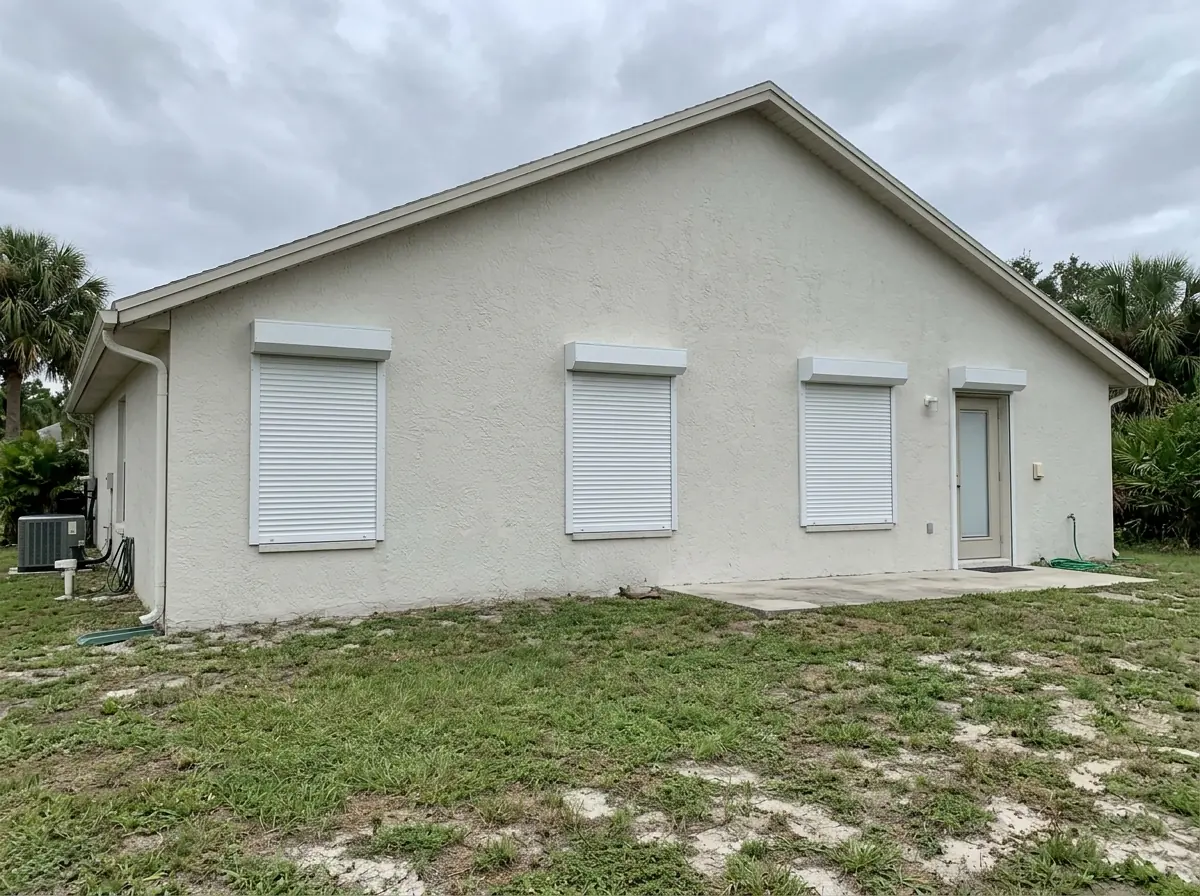 Motorized roll-down shutters lowered across the back windows of a stucco home