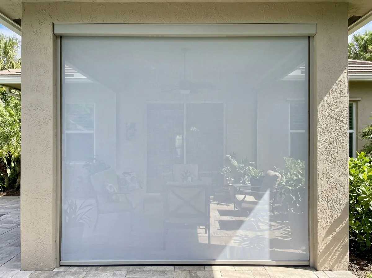 Translucent roll-down fabric storm screen lowered over a patio opening