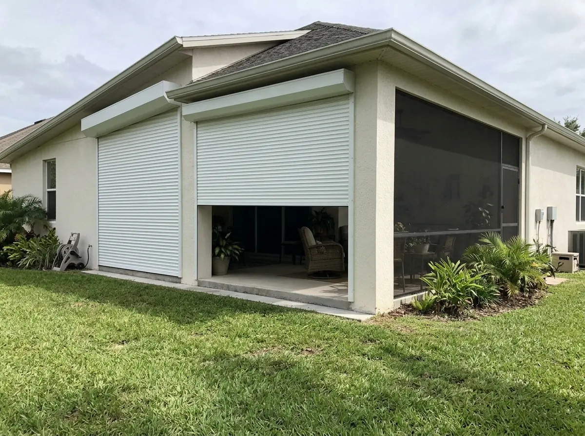 Roll-down hurricane shutters closed across a wide screened lanai opening