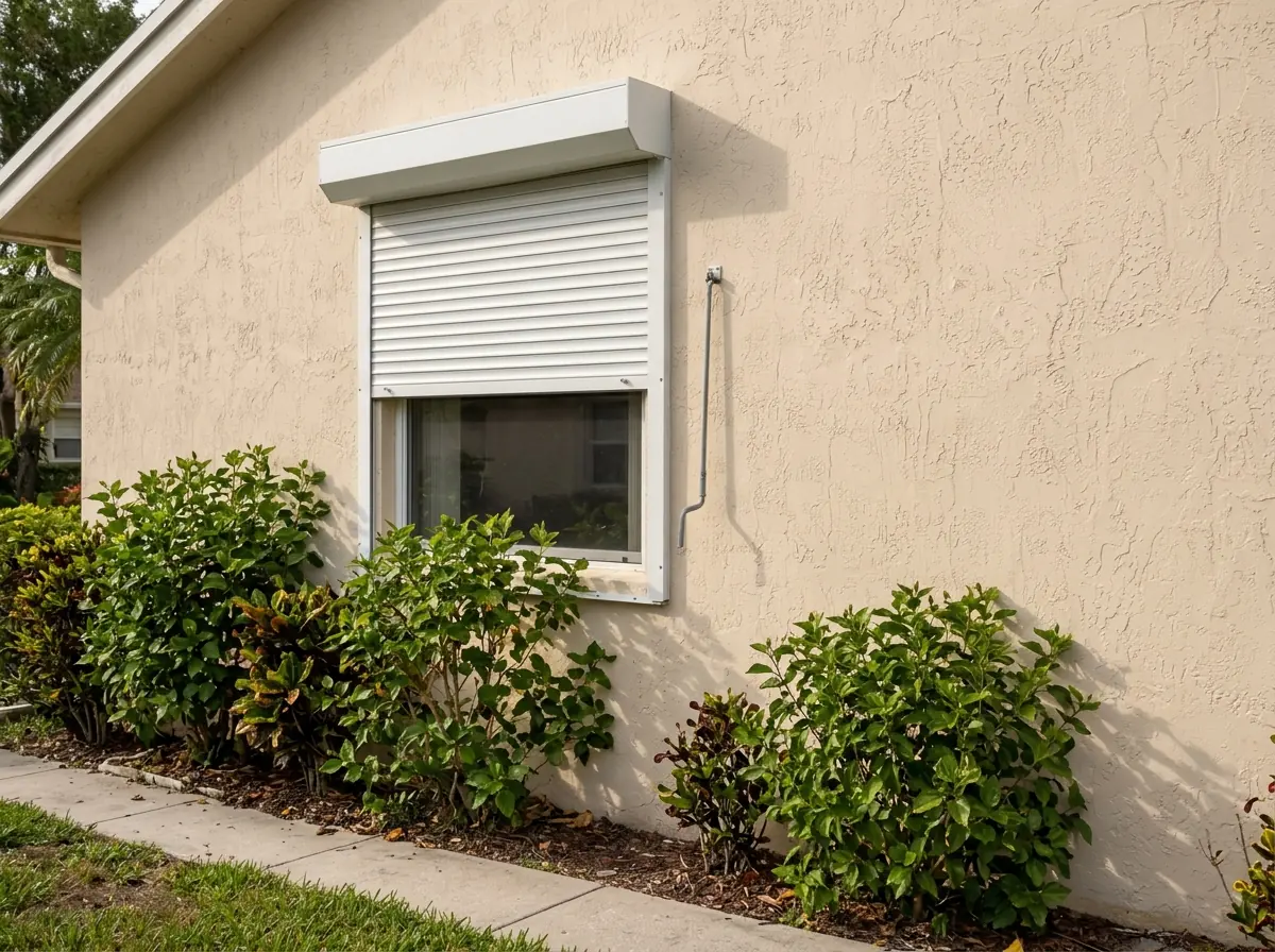 Manual roll-down hurricane shutter half lowered over a window with a crank handle below