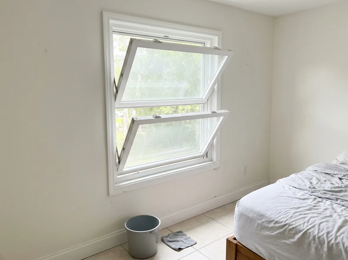 Double-hung window with both sashes tilted inward for cleaning in a bedroom
