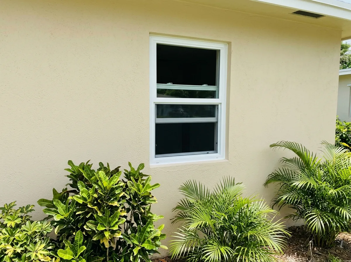 White impact single-hung window with the lower sash raised in a stucco wall