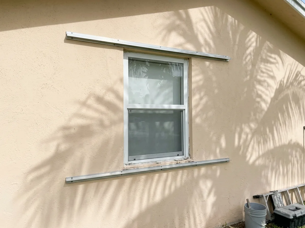 Plain single-hung window with storm panel tracks mounted around the opening