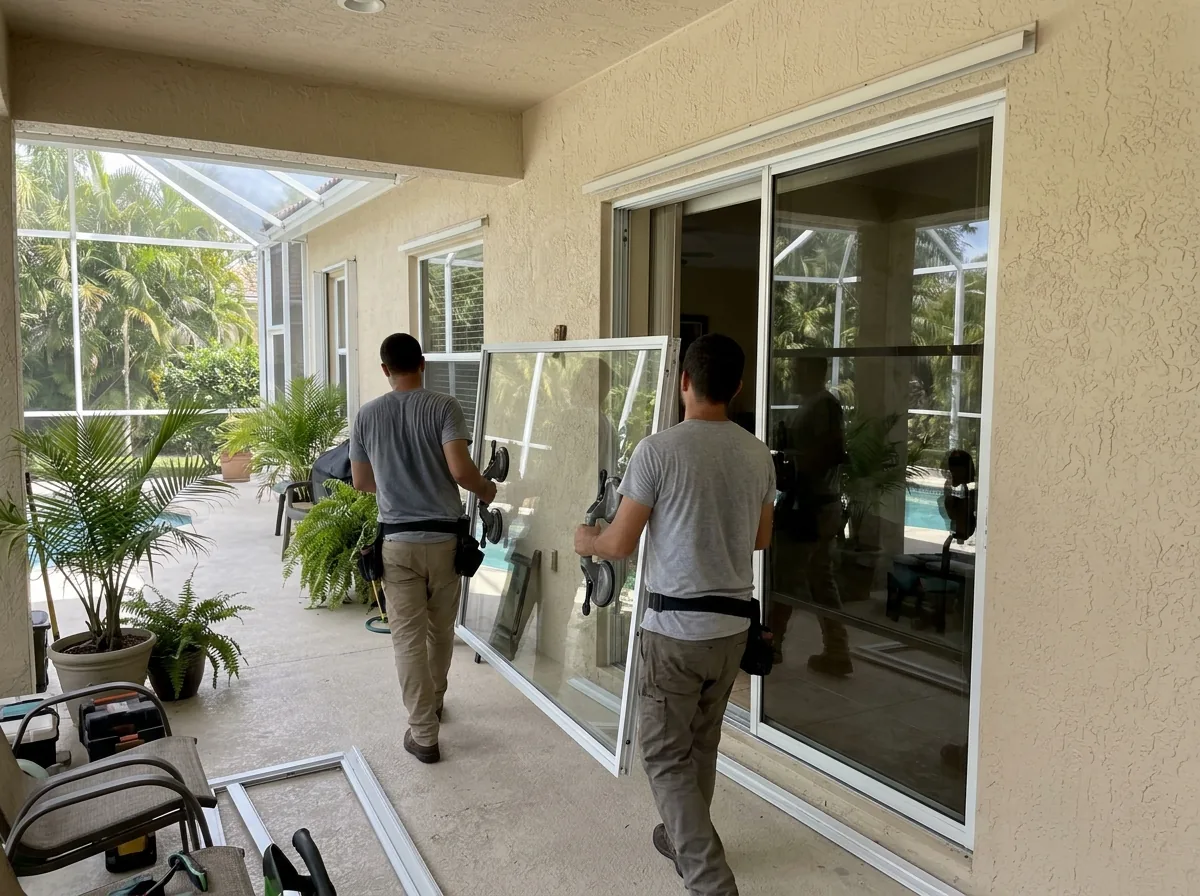 Two workers carrying a replacement glass panel toward an open sliding door frame
