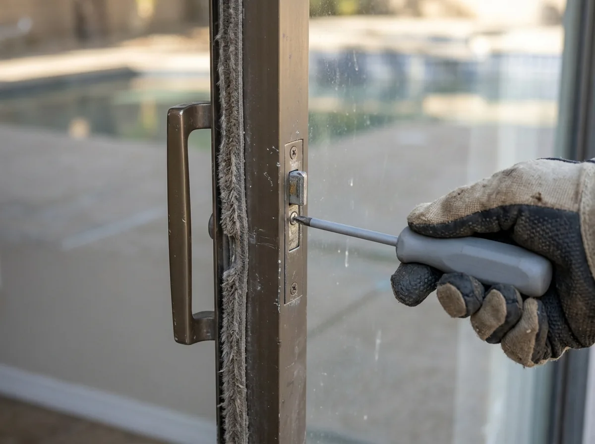 Sliding glass door handle and latch on a bronze aluminum frame