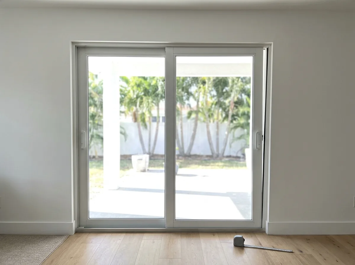 Sliding glass door panel out of square with a visible gap at the lock side