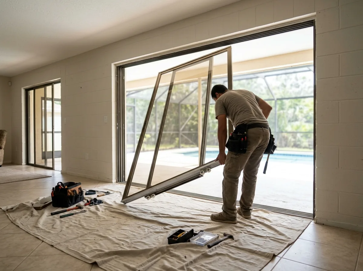 Technician lifting a sliding glass door panel off its track to reach the bottom rollers