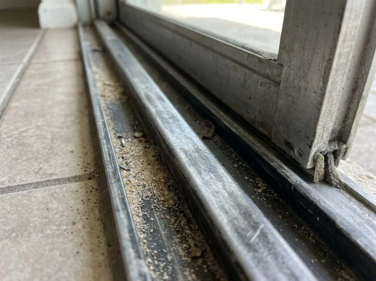 Close view of a worn aluminum sliding door sill track with sand in the channel