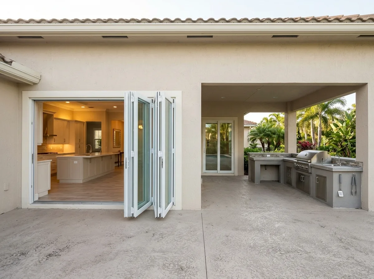 Folding glass door panels stacked open along a track beside an outdoor kitchen