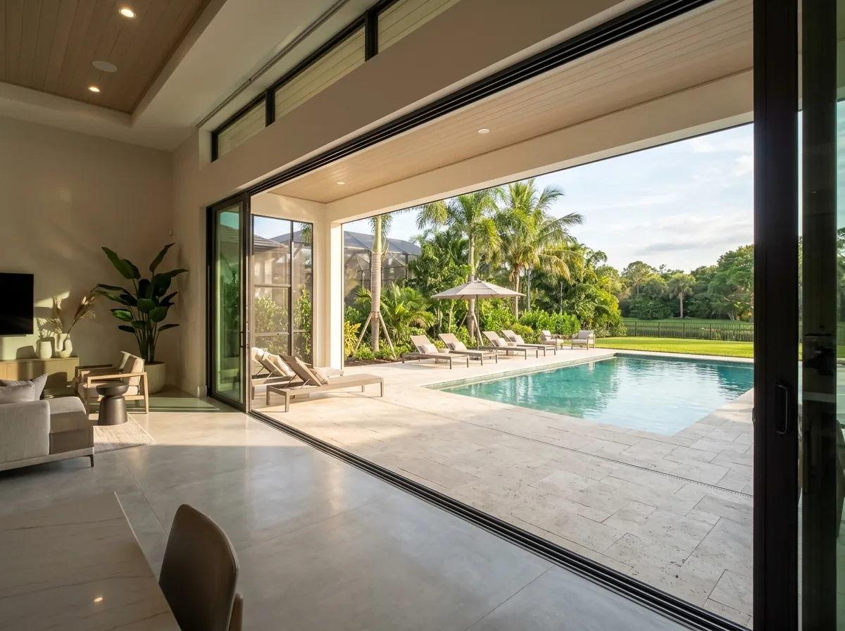 Multi-panel glass door pocketed into the wall leaving a wide opening to a pool deck