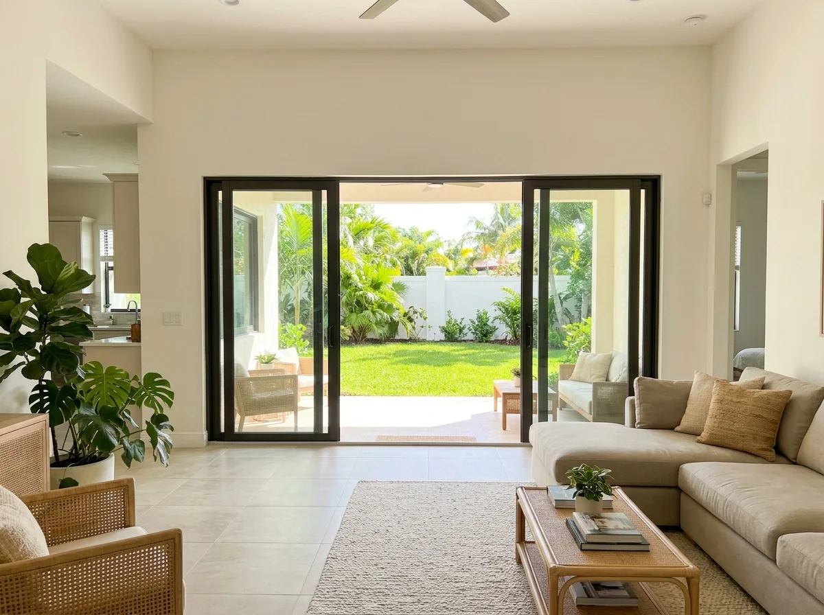 Three-panel bronze-framed impact sliding door spanning a wide family-room wall