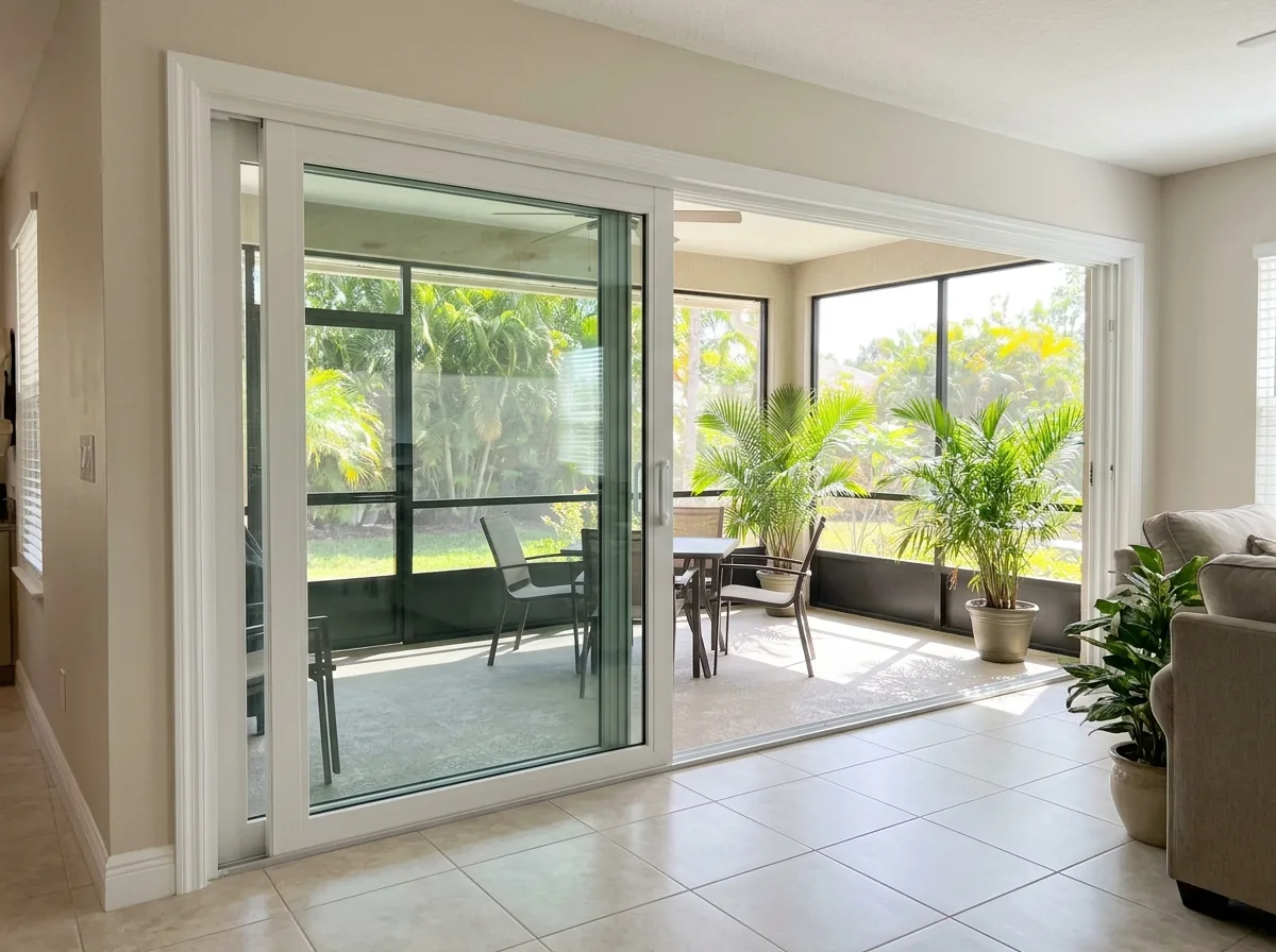 Two-panel white-framed sliding glass door opening from a living room onto a screened patio