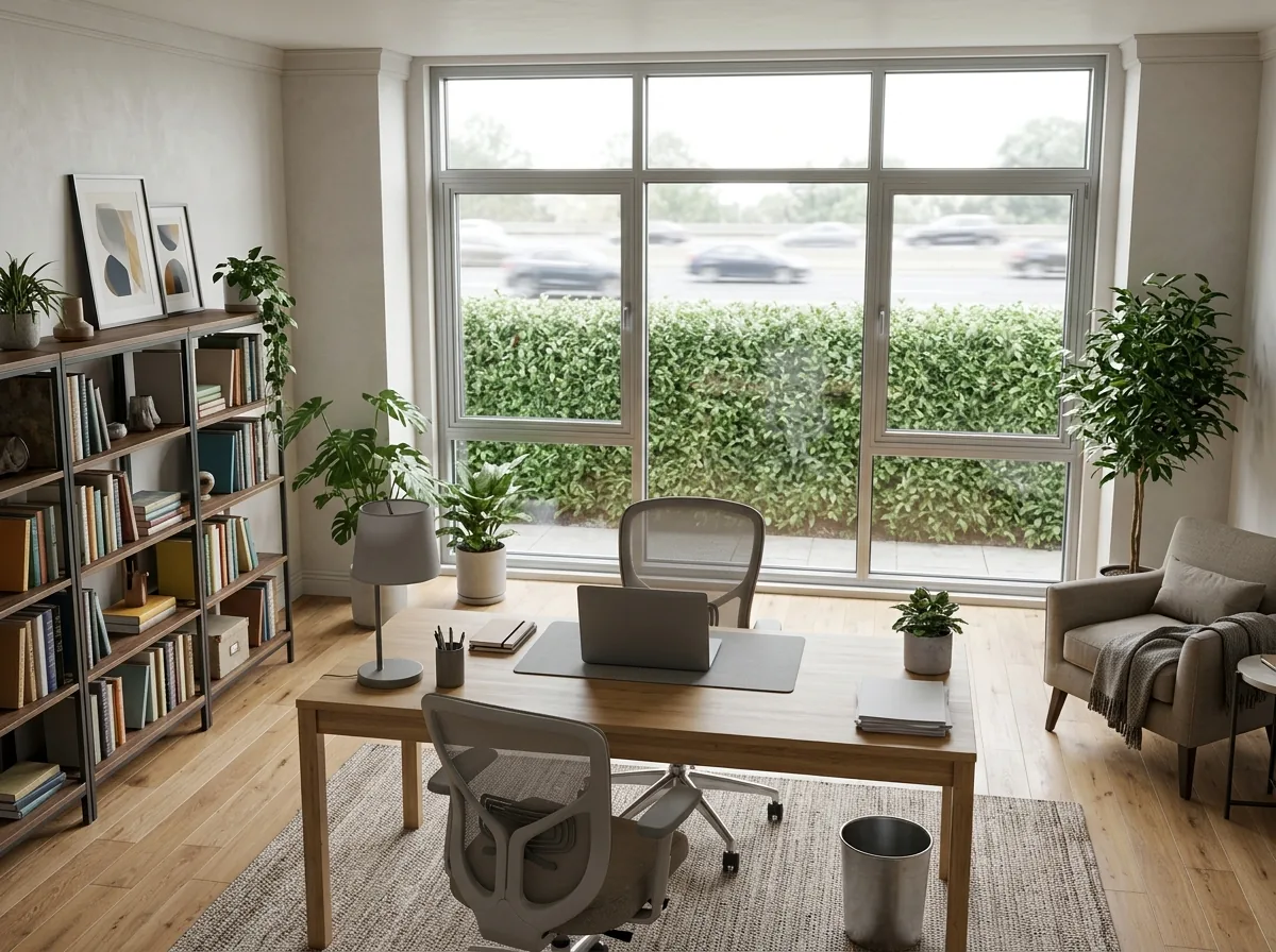 Large acoustic laminated window in a home office with a view of traffic