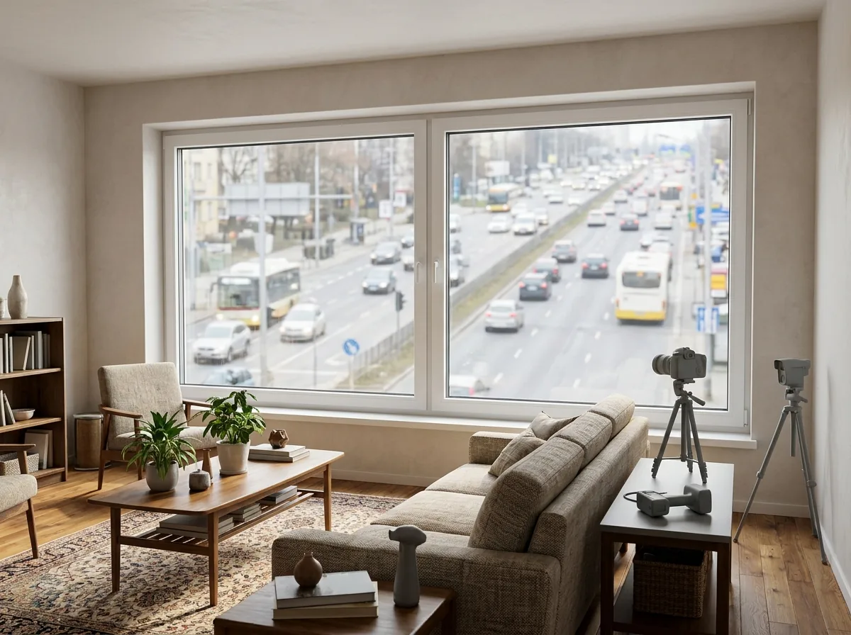 Double-pane laminated window in a living room with traffic outside