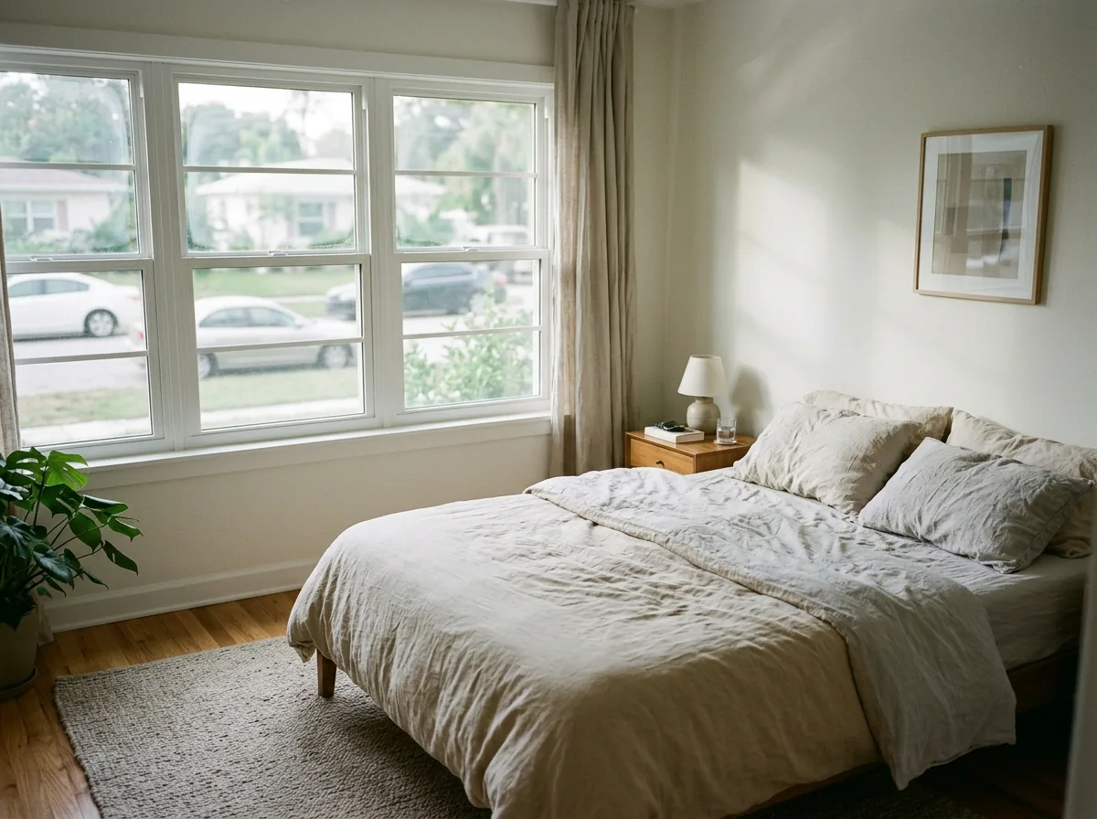 Laminated impact window in a quiet bedroom facing a busy street