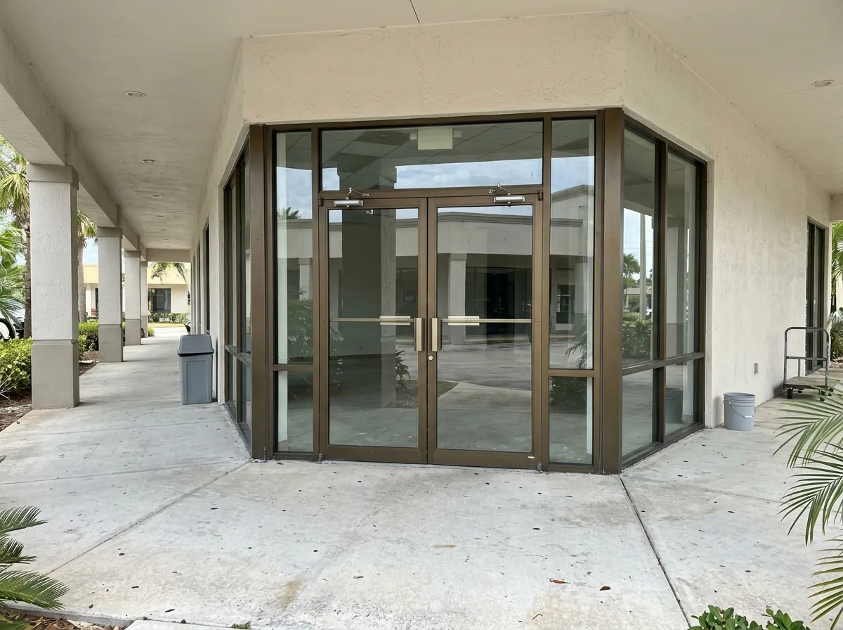 Aluminum-framed glass entry door with a push bar on a strip-center storefront