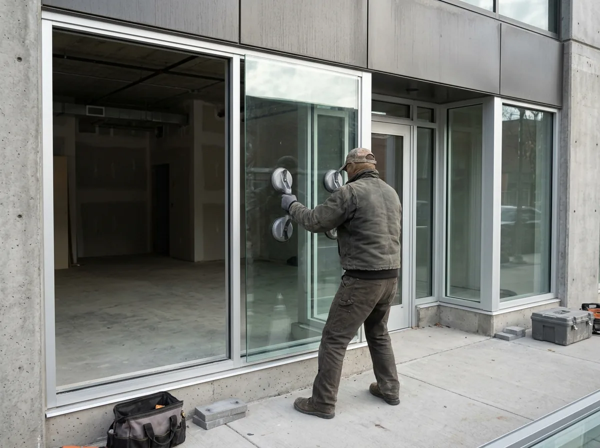 Glazier fitting a new pane into an aluminum storefront frame beside a shop entrance