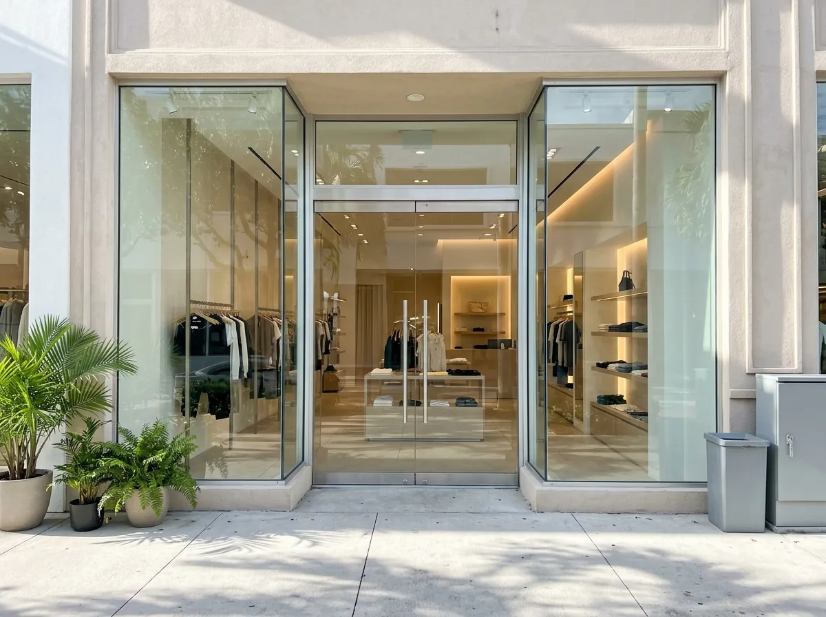 All-glass frameless entry door with metal top and bottom rails in a boutique storefront