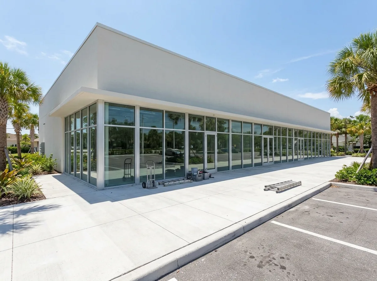 Row of aluminum-framed impact storefront windows on a single-story retail building