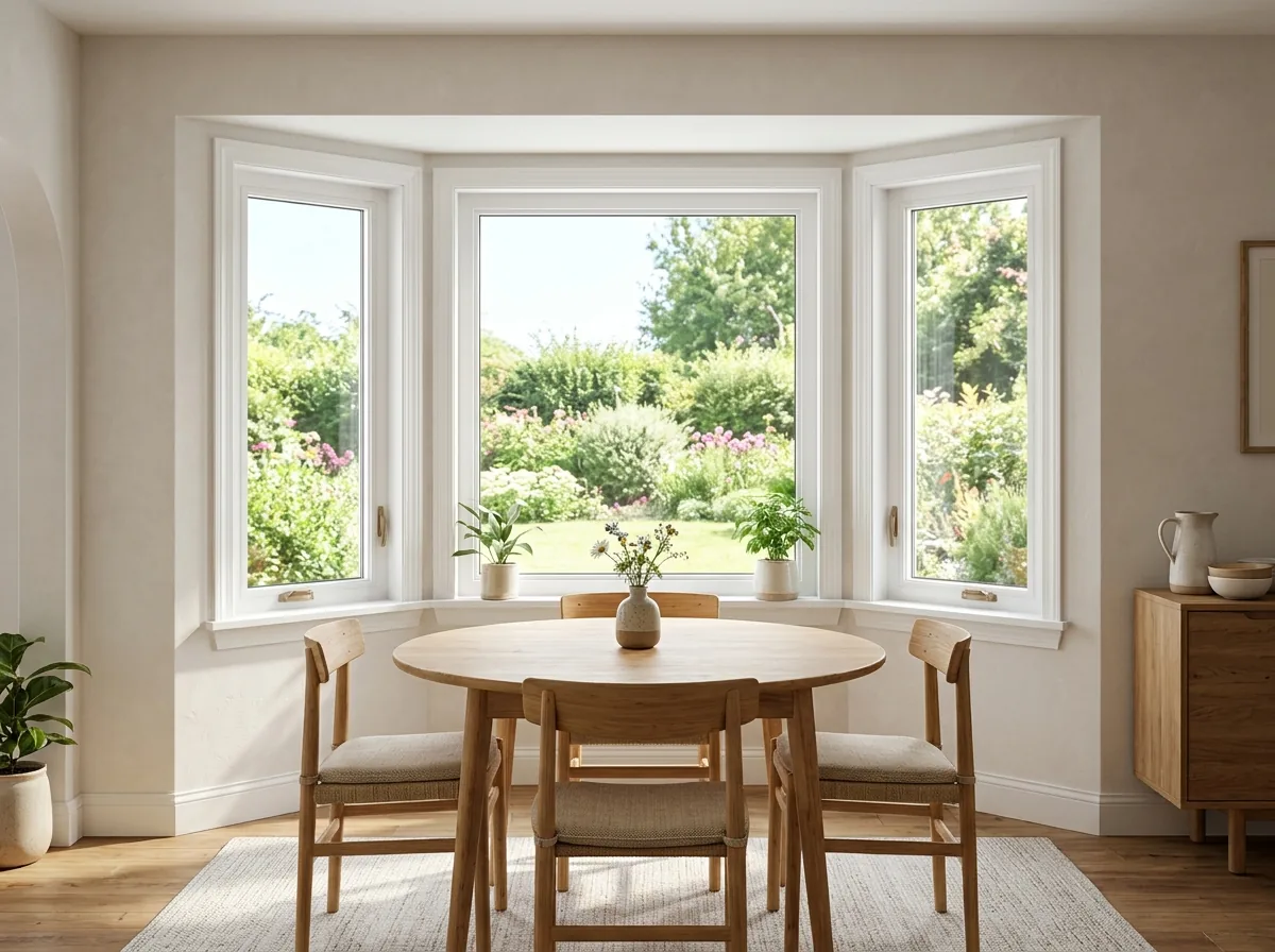 White vinyl bay window with three angled panels in a dining room