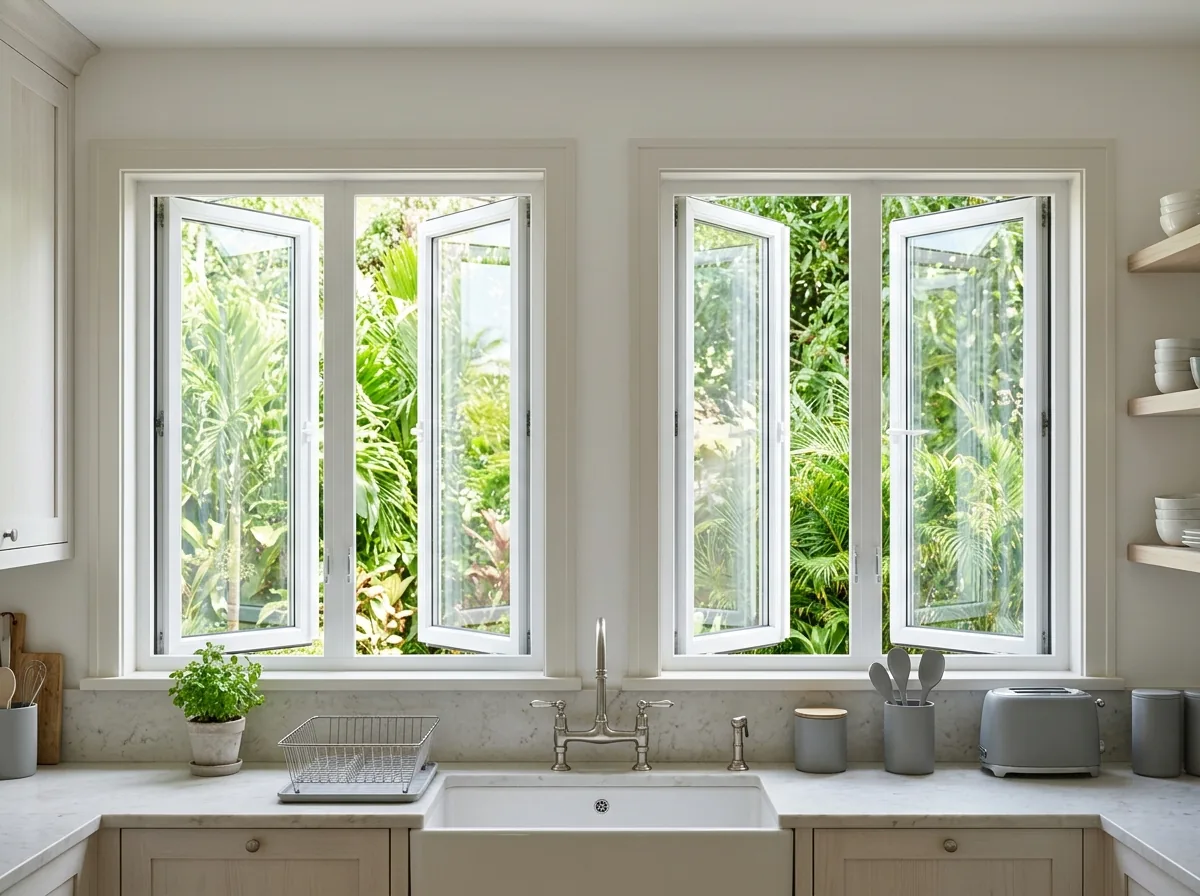 White vinyl casement windows cranked open over a kitchen counter