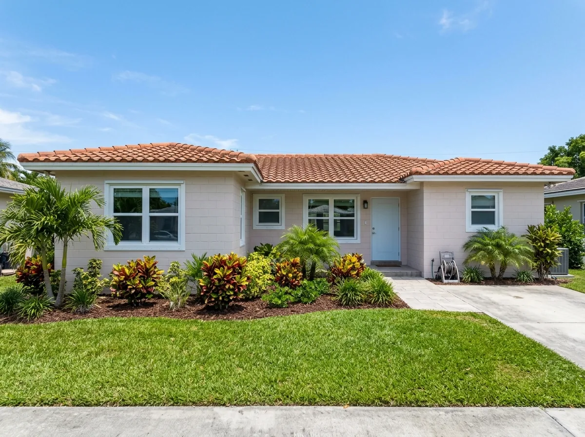 White vinyl impact windows on a single-story block house with a tile roof